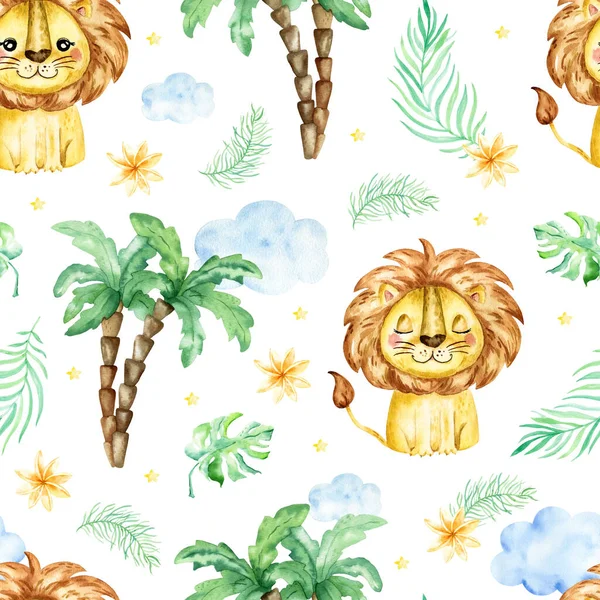 seamless tropical pattern with a lion. Watercolor cartoon lion savanna animal illustration. Jungle savannah tropical exotic summer print