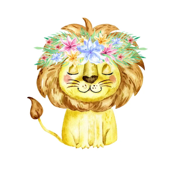 Illustration Aquarelle Avec Lion Aquarelle Dessin Animé Lion Savane Animal — Photo