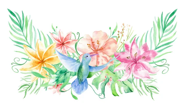 Watercolor bouqet with tropical flowers, leaves and hummingbird. Hawaiian exotic illustrations for greeting card, wedding, wallpaper.