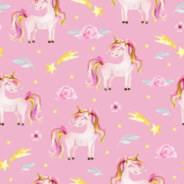 Cute watercolor seamless pattern with unicorn. Nursery unicorns illustration