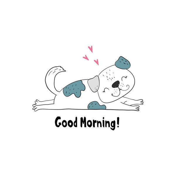 Векторная иллюстрация руки нарисованной смешной модной собаки. Доброе утро. Векторная печать.