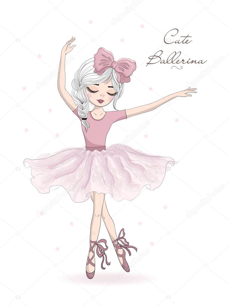 Hand drawn beautiful, lovely, little ballerina with bow on her head. Vector illustration. Dancing ballet girl