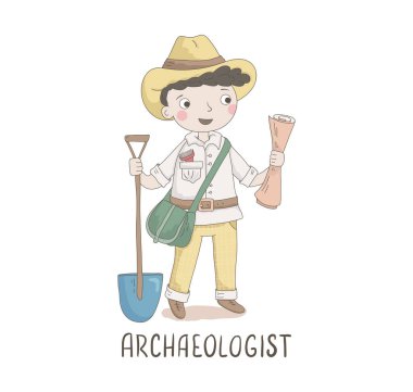 Bir arkeoloğun karikatür çizimi. Çocuk işçiler. Profesyonel çocuk. Şirin vektör alfabesi. A harfi - arkeolog.