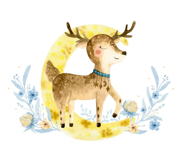 Aquarelle dessinée à la main Illustration de cerf pour enfants. Illustrations bohèmes avec animaux, étoiles, magie et runes. — Photo