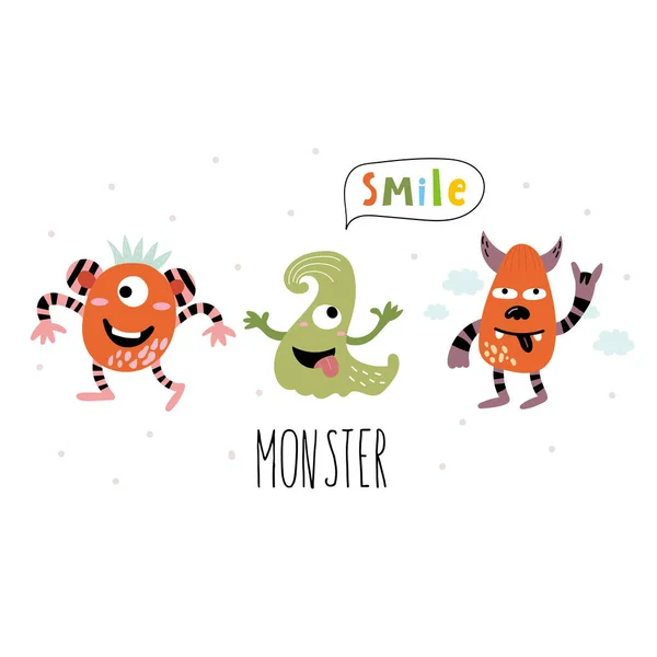 Cartoon niedlich Lustige Monster Vektor-Charakter. Hell lustige Cartoon-Karte. Schöne Monster für Kinder entwirft. Süße lächelnde Wesen in warmen Farben in Vektor — Stockvektor