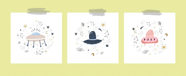 Cute Strony Narysowane Karty Zestaw Rakiety Kosmicznej Idealny Odzieży Dziecięcej — Wektor stockowy