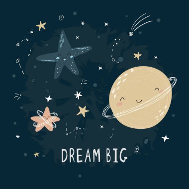 Yıldızlı, kuyruklu yıldızlı ve gezegenli şirin bir karikatür. Büyük düşün.