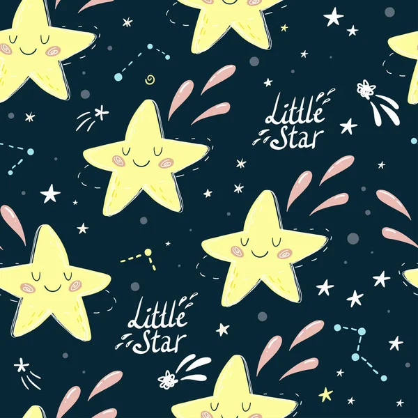 Seamless childish pattern with Cute cartoon moon, stars, comets and planet in the night sky. Bright vector illustration suitable for greeting card, poster or print on a T-shirt. Doodle illustration for kids vector print. Good night vector pattern. Li