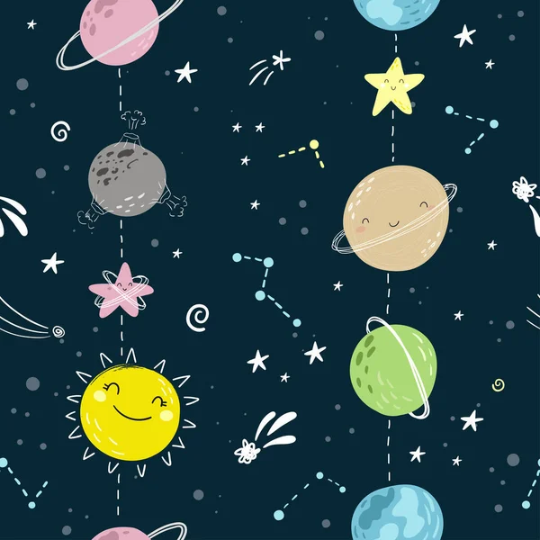행성등이 밤하늘에 무자비 어린애같은 모습이다 삽화는 인사장 포스터 셔츠의 인쇄에 — 스톡 벡터