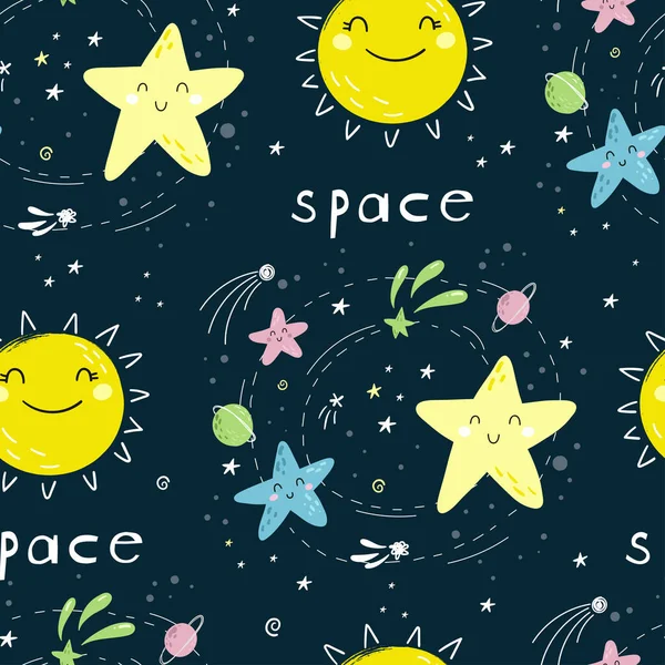 Απρόσκοπτη Παιδική Μοτίβο Χαριτωμένο Φεγγάρι Κινουμένων Σχεδίων Αστέρια Κομήτες Και — Διανυσματικό Αρχείο