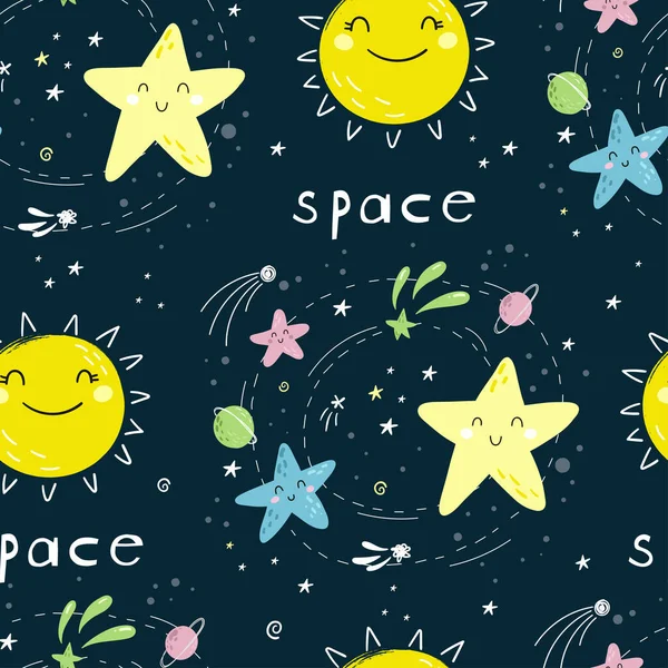 Patrón Infantil Sin Costuras Con Linda Luna Dibujos Animados Estrellas — Vector de stock