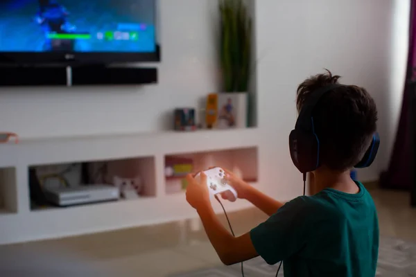 Back View Concentrated Young Gamer Playing Game Gaming Game Play — Stock Photo, Image