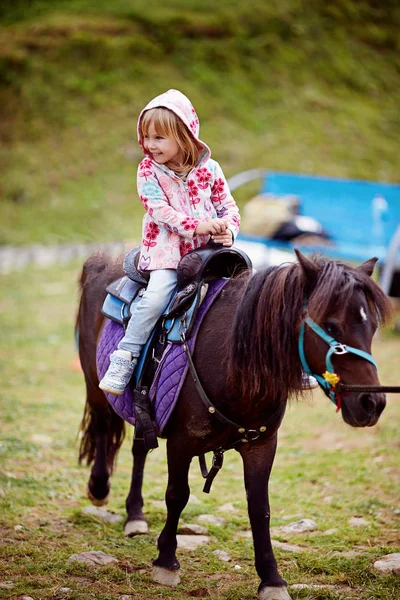 Liten flicka rider lilla ponny — Stockfoto