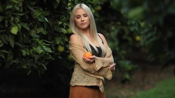 Kadın Kahverengi Örgü Kazak Olgun Clementines Elleri Ile Tam Ağır — Stok video