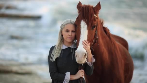 Menina loira acariciando um cavalo — Vídeo de Stock