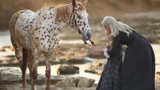 Funny family. Woman with her daughter taking care of her horse. Therapy with horses — Wideo stockowe