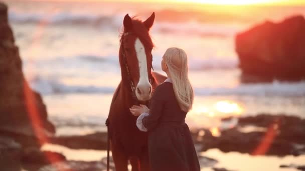 Princesa en un vestido vintage caminando con un caballo. Movimiento lento — Vídeo de stock