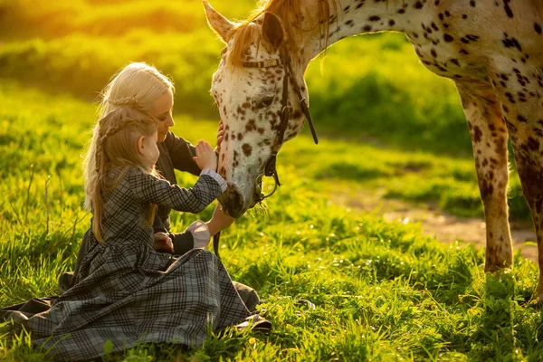 Vista lateral de una joven madre con una niña en vestidos acariciar un caballo manchado en un prado verde —  Fotos de Stock