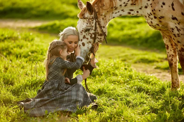 Horse and little girl cuddle with the woman, summer background with green grass