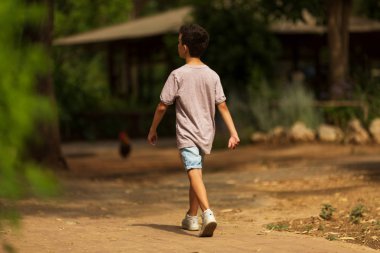 Ormanda tek başına yürüyen küçük çocuk.