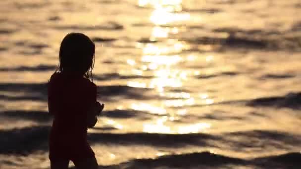 Silhouettes of children playing at sunset seashore — Stock Video