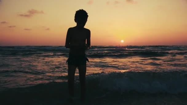 Sommerurlaub, Steinwerfen im Wasser durch Silhouette männlicher Teenager in Zeitlupe — Stockvideo