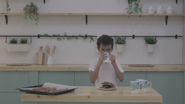 少年は牛乳でクッキーを食べる。キッチンの白いテーブル。ミルク入りクッキー。ニュートラルカラービデオ — ストック動画