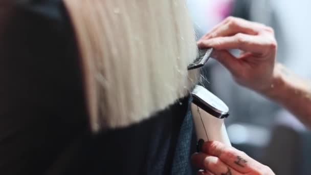 Coiffeur coupe cheveux blonds avec rasoir électrique — Video