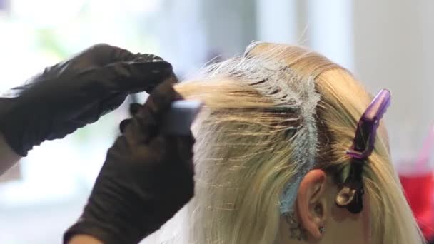 Fryzjer robi farbowanie włosów w Studio urody, profesjonalne kolorowanie i Pielęgnacja włosów — Wideo stockowe
