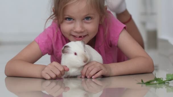 Kleines Mädchen am Boden liegend und weißes Meerschweinchen — Stockvideo