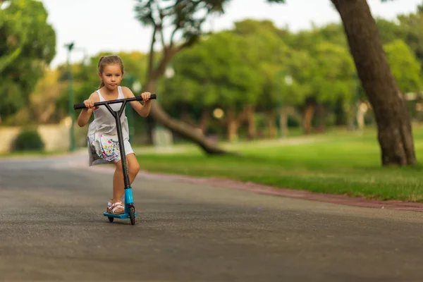 Pequeño niño aprendiendo a montar un scooter en un parque de la ciudad en el soleado día de verano — Foto de Stock