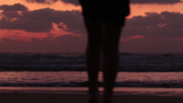 日落时，孩子们手牵手沿着大海奔跑的轮廓. — 图库视频影像