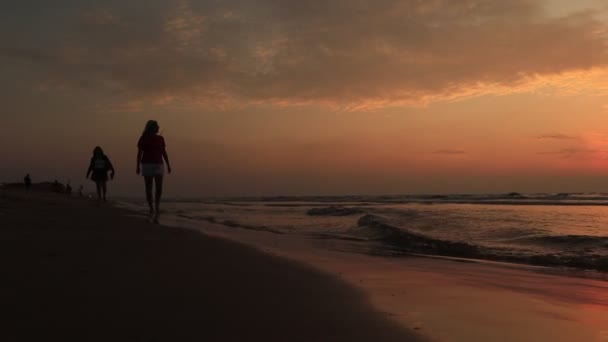 美しい夕日の間にビーチを歩いている女性のシルエット。旅行と休暇のコンセプト — ストック動画