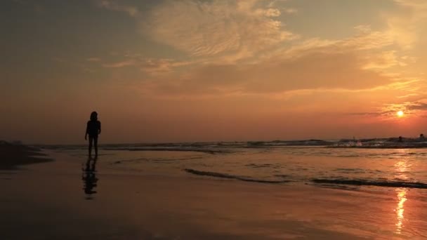 Gente di silhouette che gioca con frisbee sulla spiaggia retroilluminata dal sole estivo — Video Stock