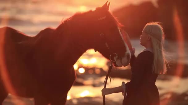 日光の下で岩が多い海岸の美しい馬を歩いてエレガントな長いドレスを着ている金髪の女性 — ストック動画