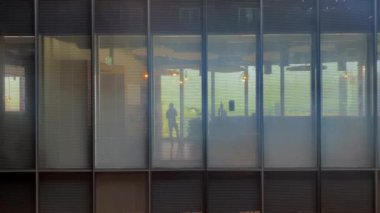 Modern kurumsal ofiste çalışan iş adamlarının camından çekilen video.