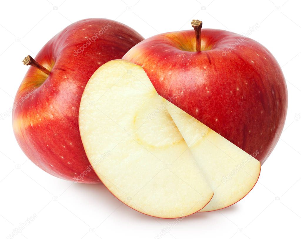 Isolated apples. Two red apple fruits with slice (cut) isolated on white with clipping path
