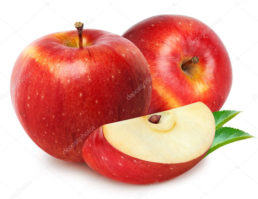 Isolated apples. Two red apple fruits with slice (cut) isolated on white with clipping path