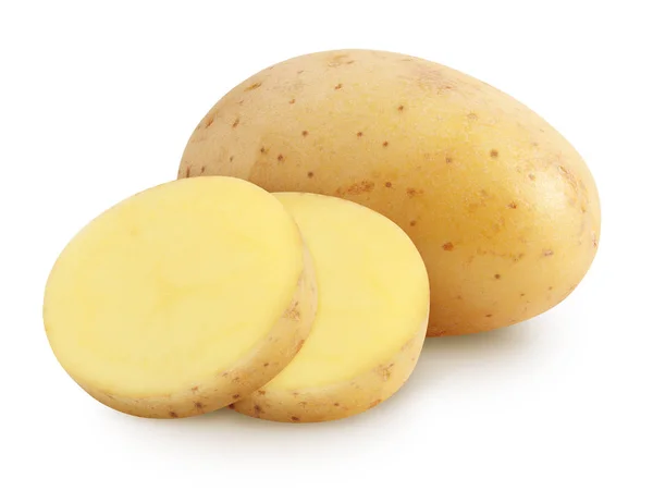 Isolierte Kartoffeln. ganze Kartoffel und abgeschnitten isoliert auf weißem Hintergrund mit Schnittpfad — Stockfoto