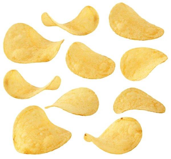 Chips-collectie. Aardappel chips in verschillende positie en hoek geïsoleerd op wit, met uitknippad — Stockfoto