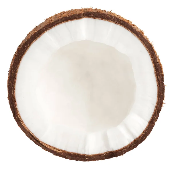 Изолированный кокос. Половина кокосового ореха, вид сверху, изолирован на белом, с вырезанием пути — стоковое фото