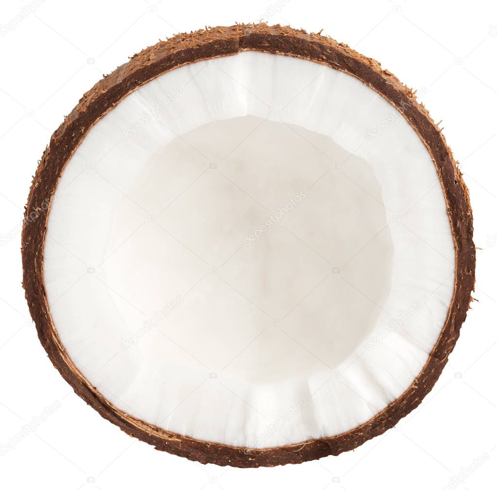 Isolated coconut. Half of coconut, topw view,  isolated on white, with clipping path