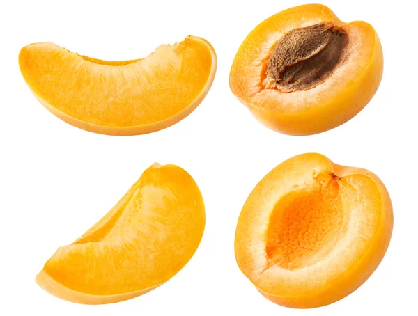 Aprikosensammlung. Set frischer Aprikosenfrüchte geschnitten Scheiben isoliert auf weißem Hintergrund, mit Schneideweg — Stockfoto