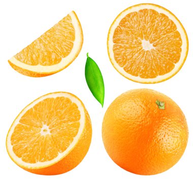 Isolated oranges. Collection of whole, half, slice, piece orange fruits with leaf isolated on white background with clipping path clipart