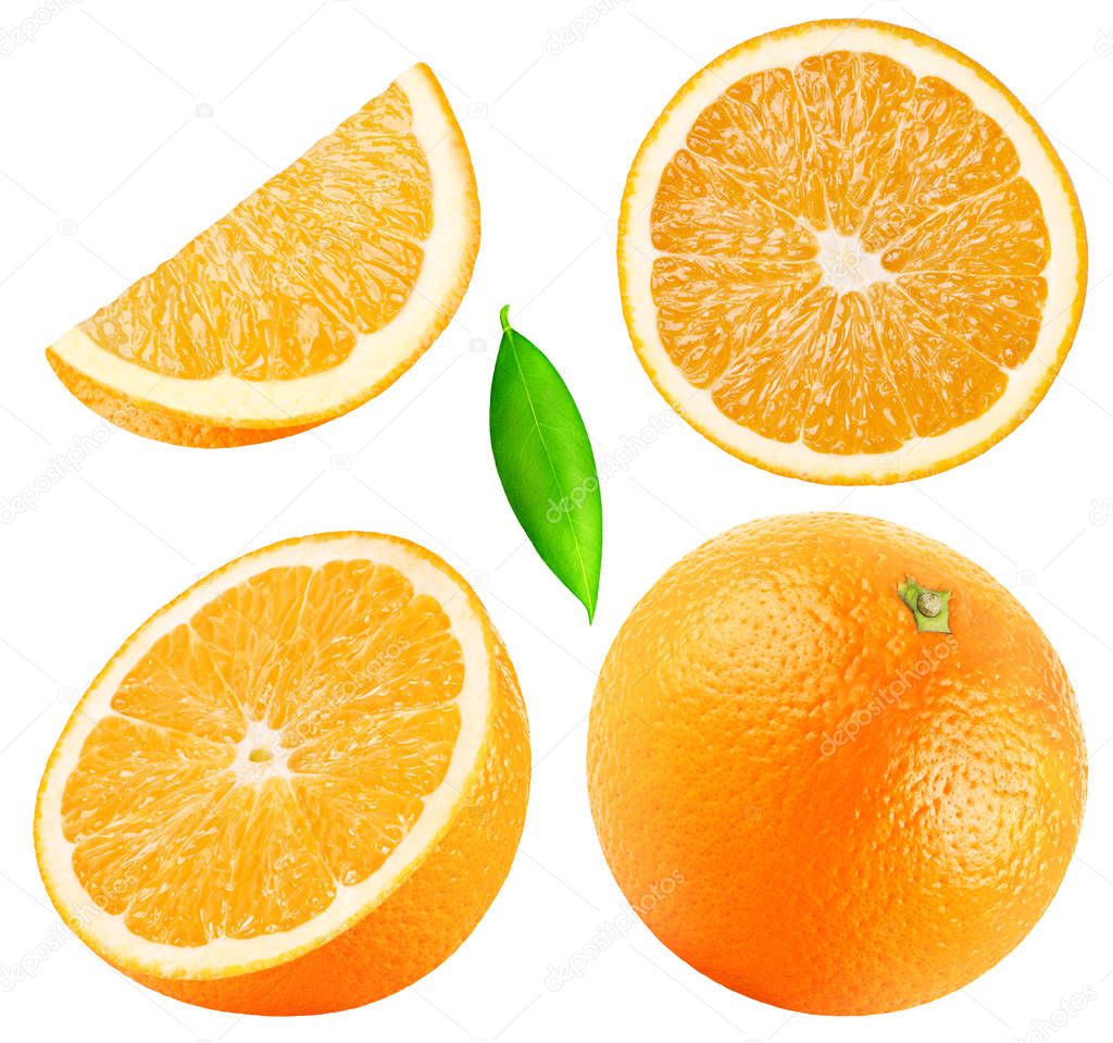 Isolated oranges. Collection of whole, half, slice, piece orange fruits with leaf isolated on white background with clipping path