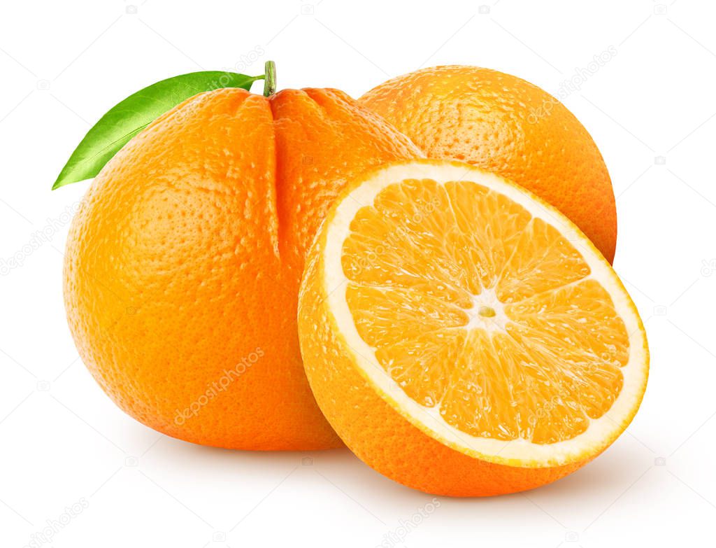 Isolated oranges. Two whole orange fruit with half isolated on white background with clipping path