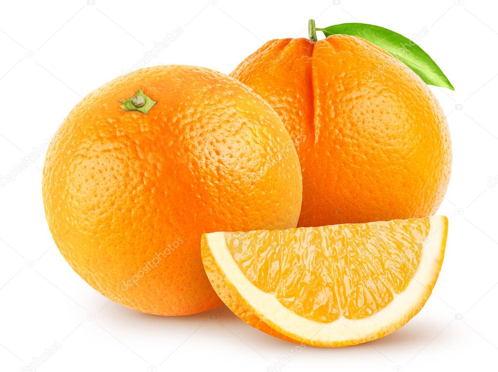 Isolated oranges. Two whole orange fruit with piece isolated on white background with clipping path