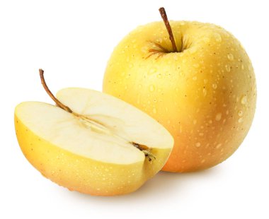 İzole elma. Bütün sarı (altın) elma meyve yarısı white, kırpma yolu ile izole