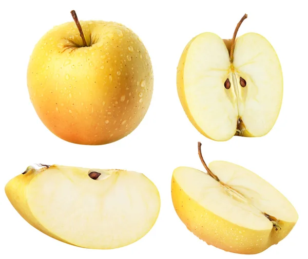 Colección de fruta de manzana húmeda dorada (amarilla), con ruta de recorte — Foto de Stock