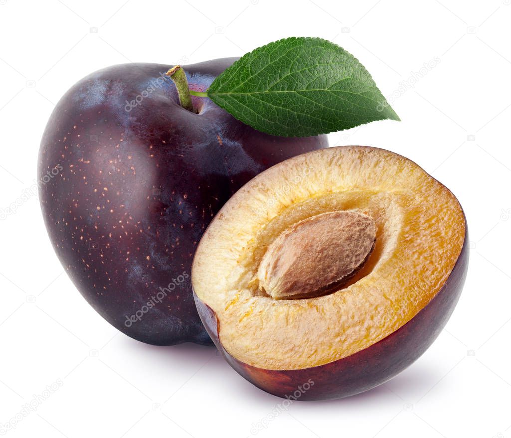 Isolated plums. One and a half of blue plum fruit with leaves isolated on white background, with clipping path-2
